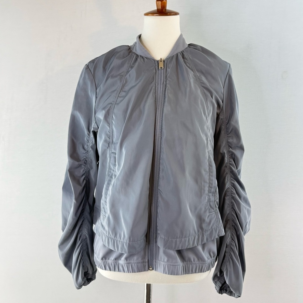 Athleta Wayfarer Steel Blue Bomber Jacket with Rouched Cuffs and Layered Hem